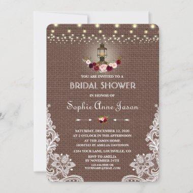 Vintage Lace Burlap String Lights Bridal Shower Invitations