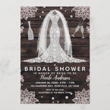 Vintage Lace Diamond Wedding Dress Bridal Shower Invitations