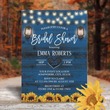 Vintage Lantern Sunflower Navy Wood Bridal Shower Invitations