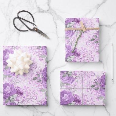 Vintage Lavender Silver Floral Damask Pattern Wrapping Paper Sheets