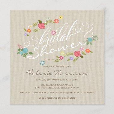 Vintage Linen Floral Wreath Bridal Shower Invites
