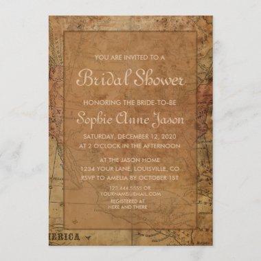 Vintage Map Destination Bridal Shower Invitations