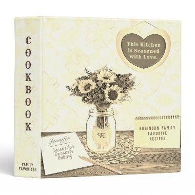 Vintage Mason Jar Flowers Cookbook 3 Ring Binder