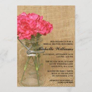 Vintage Mason Jar Pink Carnations Bridal Shower Invitations