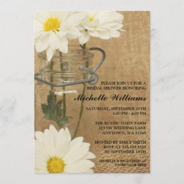 Vintage Mason Jar White Daisies Bridal Shower Invitations