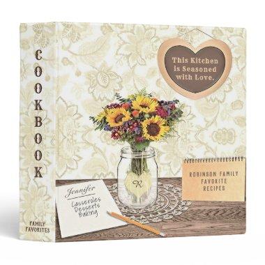 Vintage Mason Jar with Heart and Daisies Cookbook 3 Ring Binder
