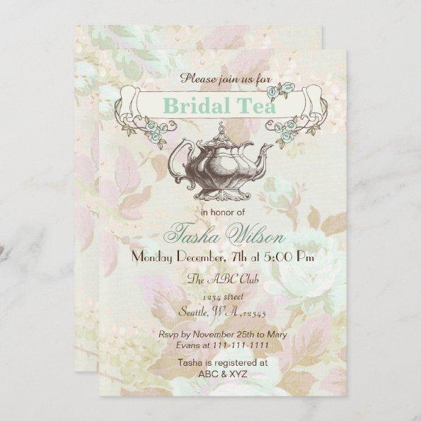 vintage mint floral Bridal Tea Party Invites