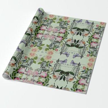 Vintage Mint French Pink Rose Paris Party Wrapping Paper