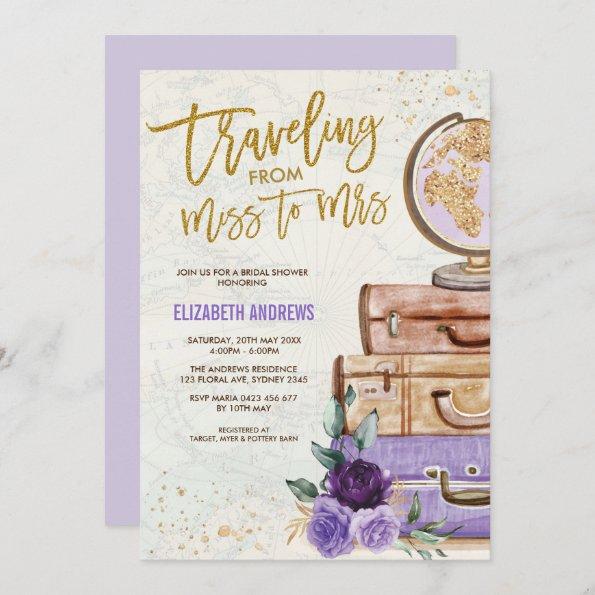 Vintage Miss to Mrs Purple Travel Bridal Shower Invitations