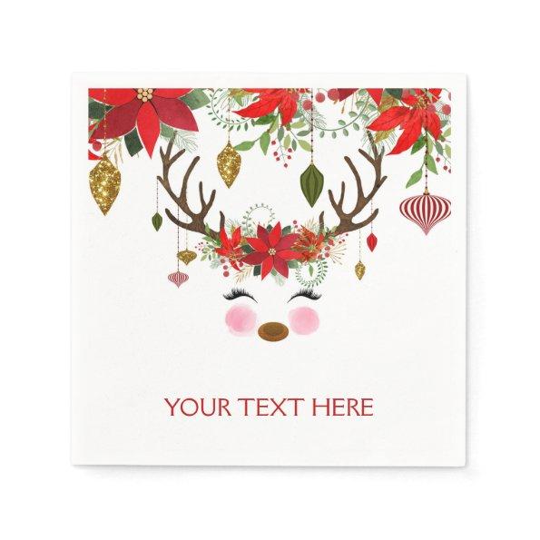 Vintage Modern Floral Reindeer Holiday Party Napkins