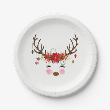 Vintage Modern Floral Reindeer Holiday Party Paper Plates