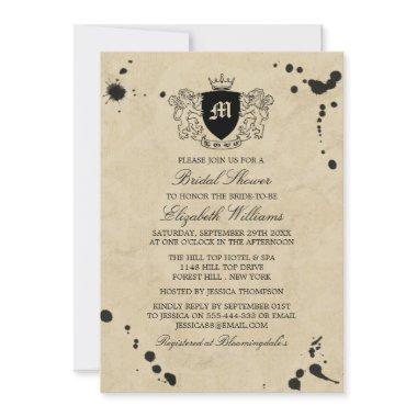 Vintage Monogram Crest & Ink Stain Bridal Shower Invitations