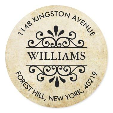Vintage Ornate Swirls Custom Return Address Classic Round Sticker