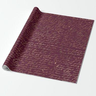 Vintage Paris Burgundy and Gold Calligraphy Wrapping Paper