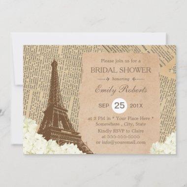 Vintage Paris Eiffel Tower Floral Bridal Shower Invitations