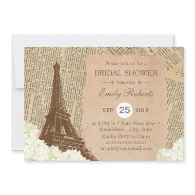 Vintage Paris Eiffel Tower Floral Bridal Shower Invitations