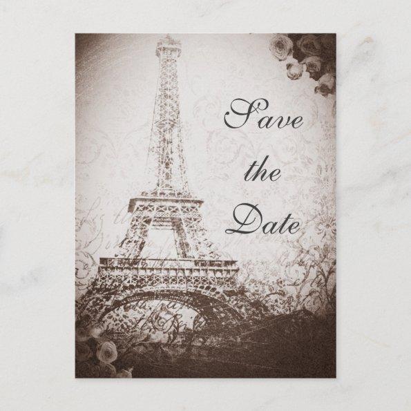 Vintage Paris Eiffel Tower & Roses Save the Date Announcement PostInvitations