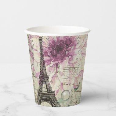 Vintage Paris Party French Botanical Eiffel Tower Paper Cups