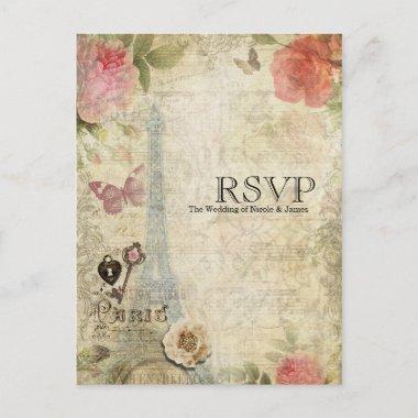 Vintage Paris Pink Roses Lock & Key Wedding RSVP Invitation PostInvitations