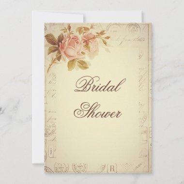 Vintage Paris Postmarks Chic Roses Bridal Shower Invitations