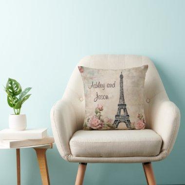 Vintage Paris Rose Floral Custom Couple Names Throw Pillow