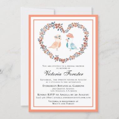 Vintage Peach Floral Love Birds Bridal Shower Invitations