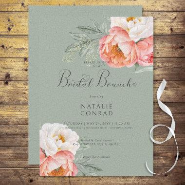 Vintage Peach Peonies on Sage Green Bridal Brunch Invitations