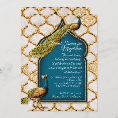 Vintage Peacock Blue Arabesque Gold Bridal Shower Invitations