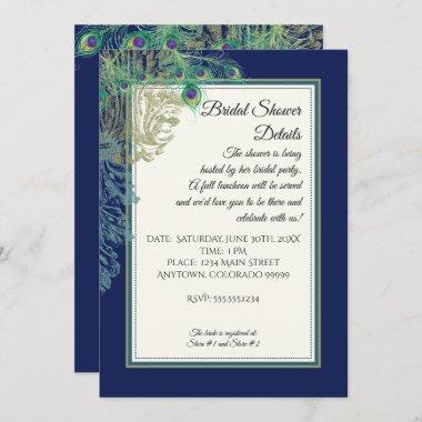 Vintage Peacock Feathers Navy Bridal Shower Invitations