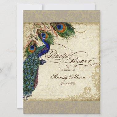 Vintage Peacock Feathers Silver Bridal Shower Invitations