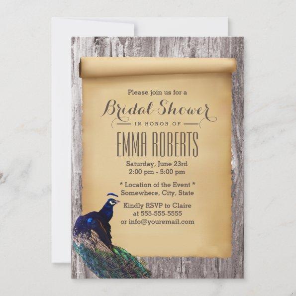 Vintage Peacock Wood Background Bridal Shower Invitations