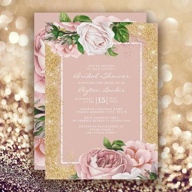 Vintage Pink Floral Gold Glitter Bridal Shower Invitations