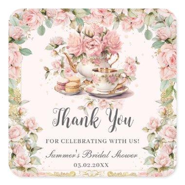 Vintage Pink Floral High Tea Party Bridal Shower Square Sticker