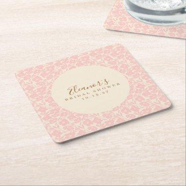 Vintage Pink Floral Script Bridal Shower Custom Square Paper Coaster