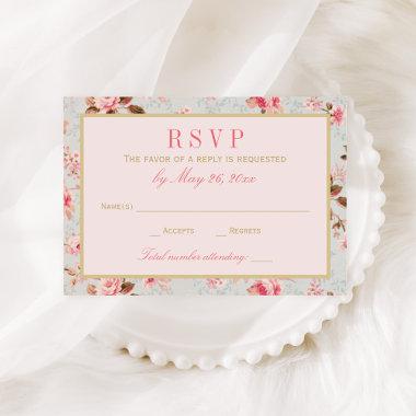 Vintage Pink Gold Floral Garden Party Wedding RSVP Card