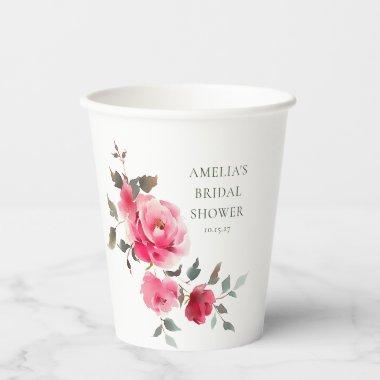 Vintage Pink Red Roses Watercolor  Paper Cups