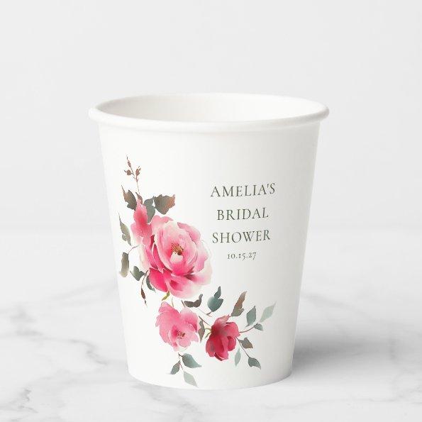 Vintage Pink Red Roses Watercolor  Paper Cups