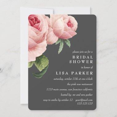 Vintage Pink Rose Gray Bridal Shower Wedding Invitations