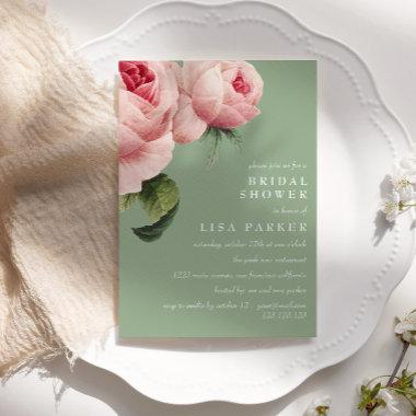 Vintage Pink Rose Sage Bridal Shower Wedding Invitations