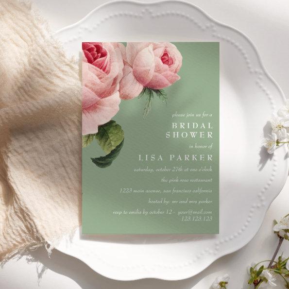 Vintage Pink Rose Sage Bridal Shower Wedding Invitations