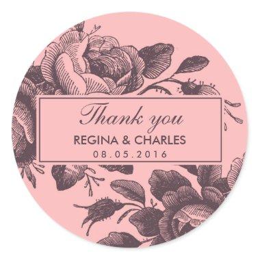 Vintage Pink Rose Wedding Thank You Sticker