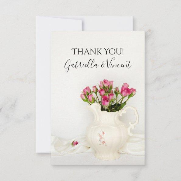 Vintage Pitcher Pink Roses Wedding Thank You Note