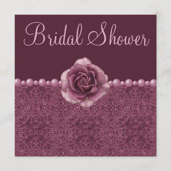Vintage Purple Bridal Shower Roses, Pearls & Lace Invitations
