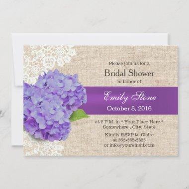Vintage Purple Floral Laced Burlap Bridal Shower Invitations