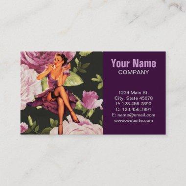 vintage purple floral retro pin up girl business Invitations