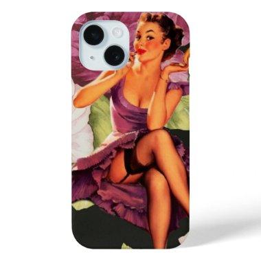 vintage purple floral retro pin up girl iPhone 15 case