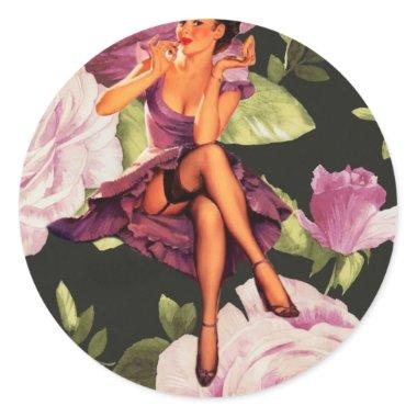 vintage purple floral retro pin up girl classic round sticker