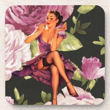 vintage purple floral retro pin up girl drink coaster