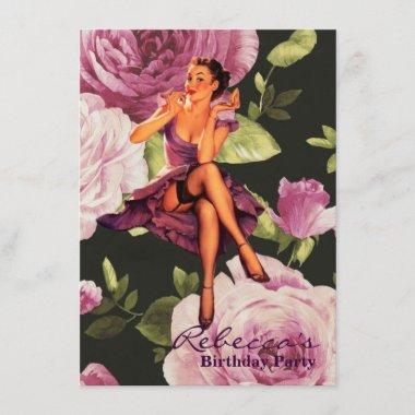 vintage purple floral retro pin up girl Invitations