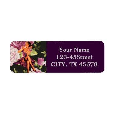 vintage purple floral retro pin up girl label